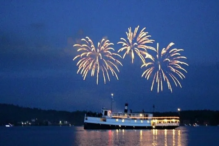 fireworks in the night sky over a body of water