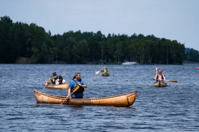 Four people paddling canoes on a lake with a forested shoreline.